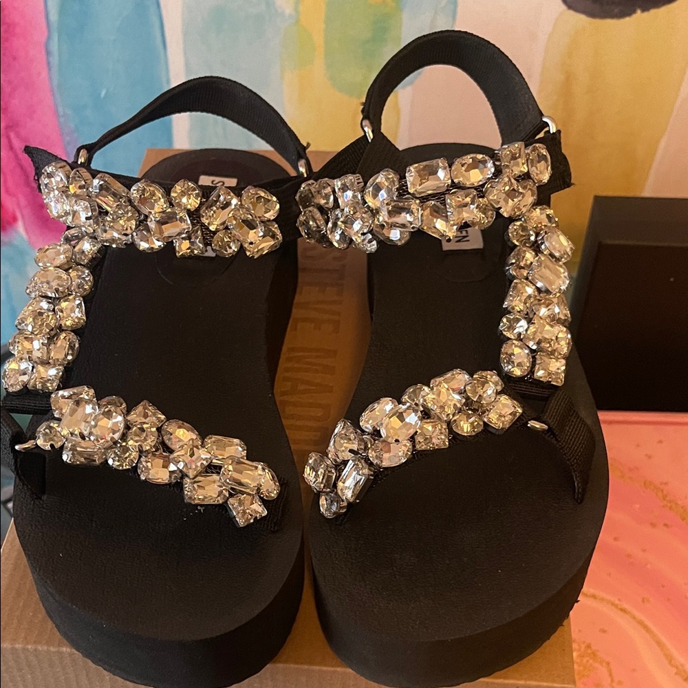 Steve Madden Black Jeweled Platform Sandals with Clear Crystals - Picture 8 of 11